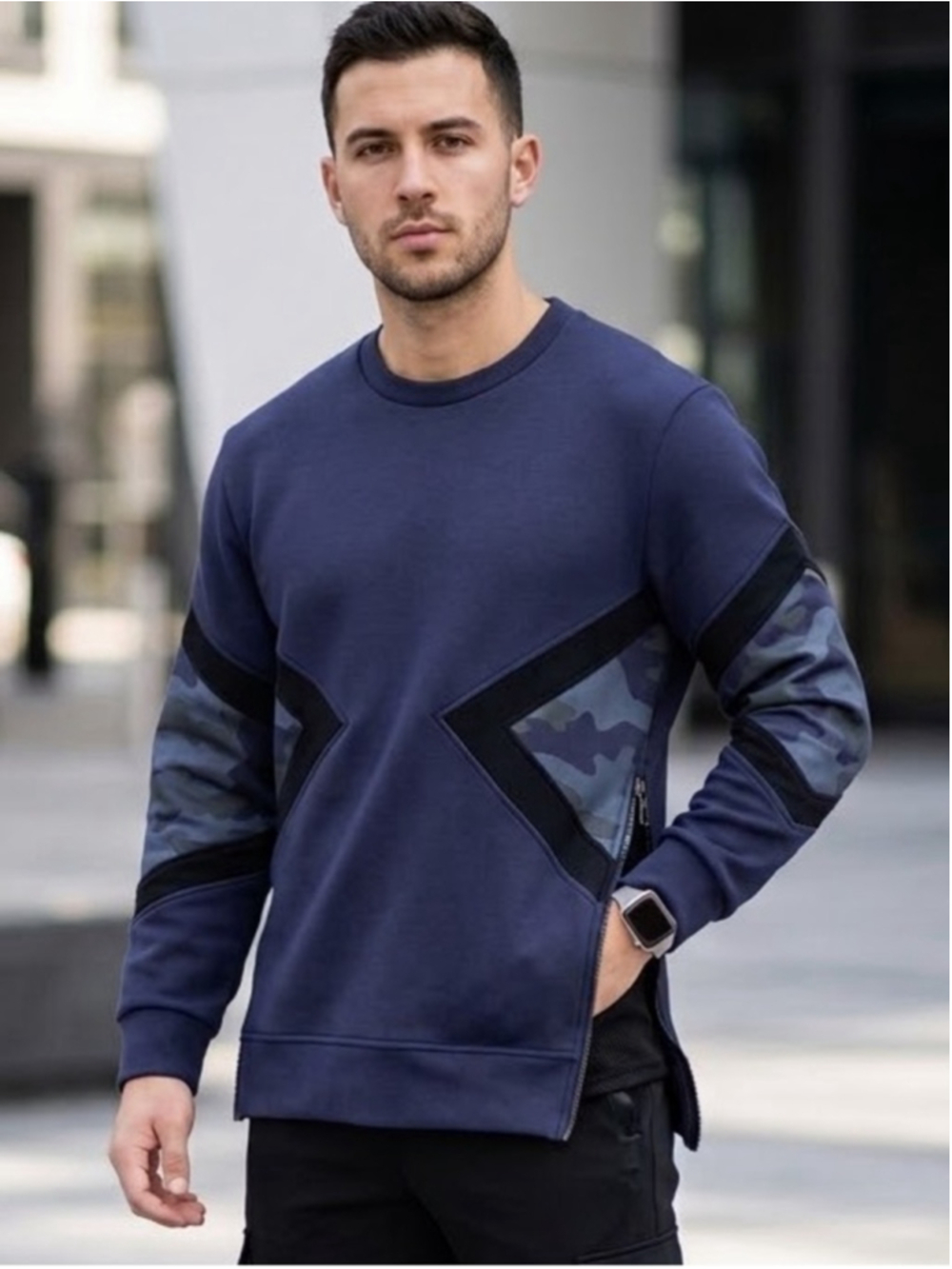Neil Barrett Dark Navy Contrast Paneled Sliced Scuba Crew Neck Sweatshirt Size S